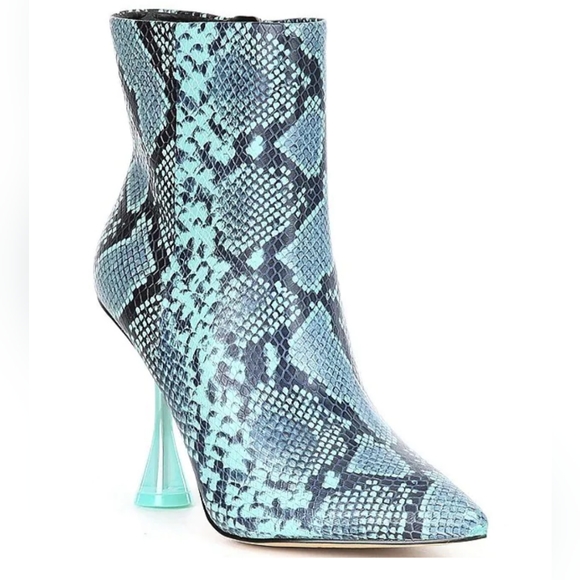 Fawlie snakeskin leather boots Blue Black Clear Flared heel Gianni Bini 8 Ankle - Picture 1 of 8